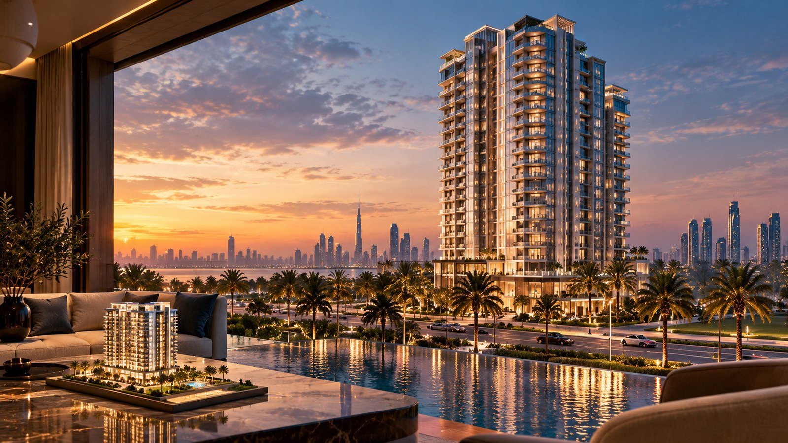 Off-plan luxury residential tower in the UAE at dusk, rendered for a developer sales launch
