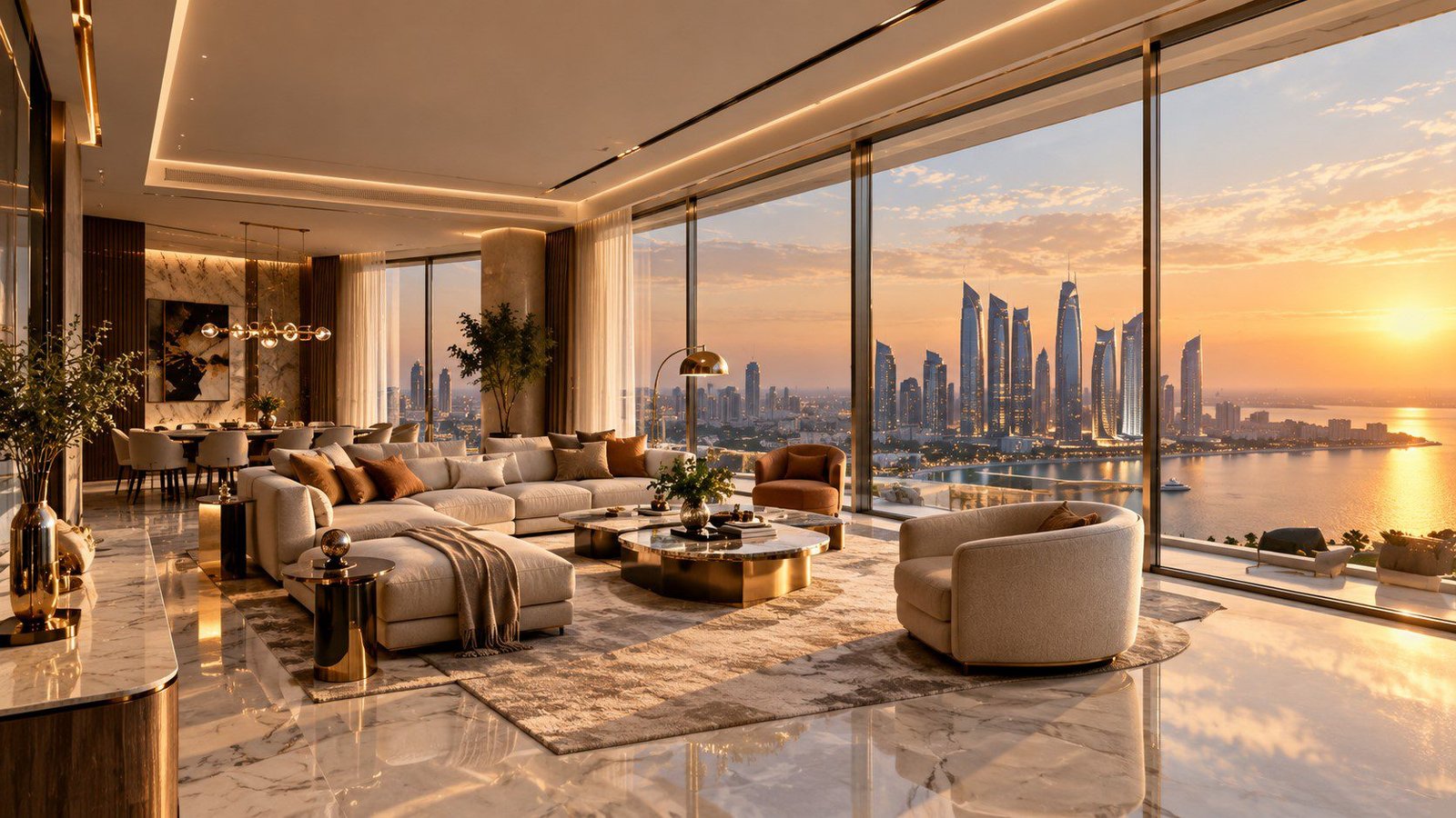 Luxury penthouse interior in Abu Dhabi shown as a photorealistic render with skyline views