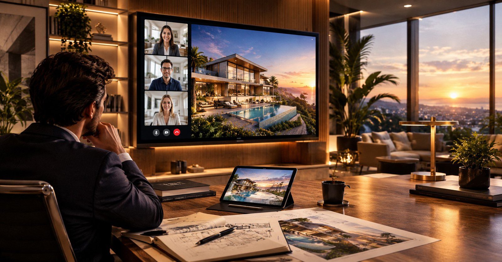 Architect in a US office reviewing 3D rendering services USA work with an overseas studio on a video call